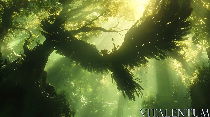 Winged Figure in Green Forest Landscape AI Image