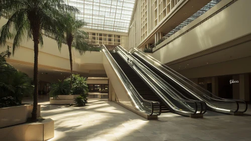 Mall Interior with Escalators and Palms