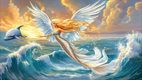 Fantasy Mermaid with Wings and Dolphin