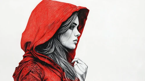 Pensive Girl in Scarlet Cloak Sketch