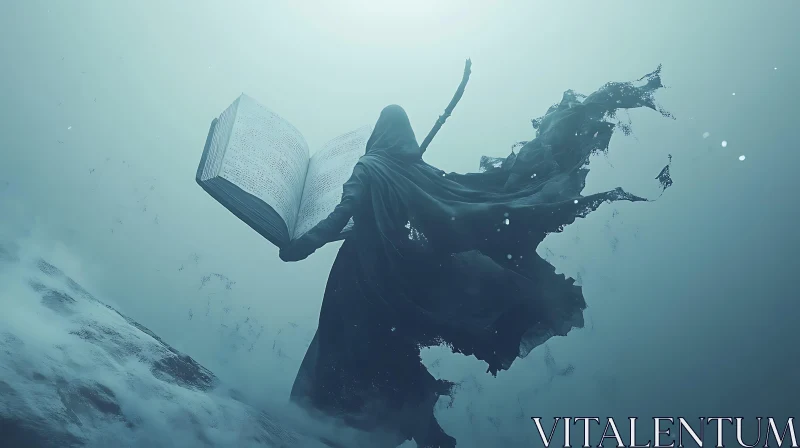 AI ART Enigmatic Figure with Ancient Book in Winter