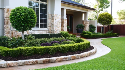 Lush Greenery and Stone Pathway to Home