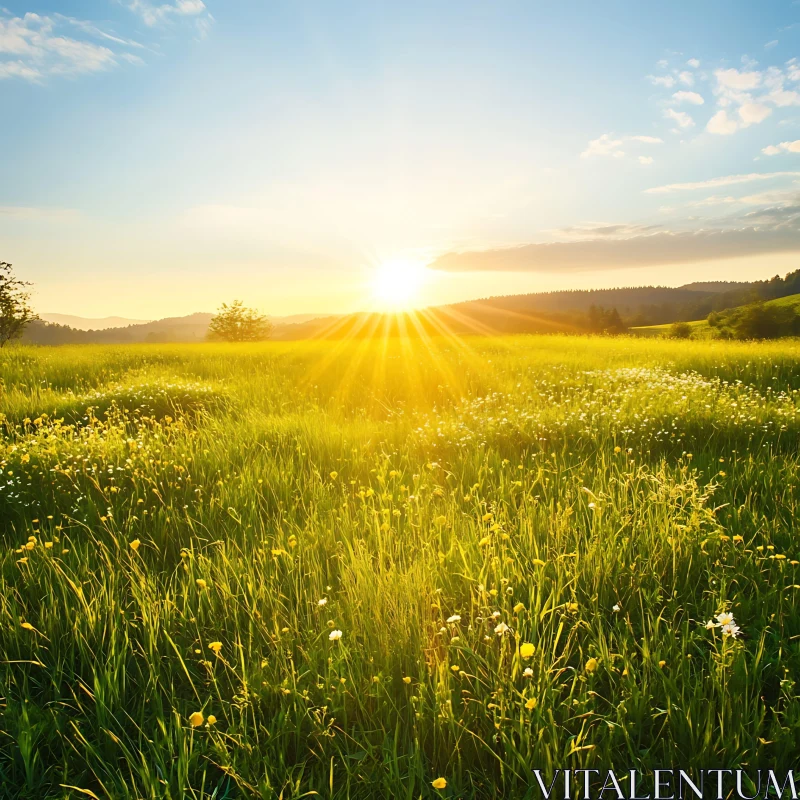 Sunlit Field of Flowers at Sunset AI Image