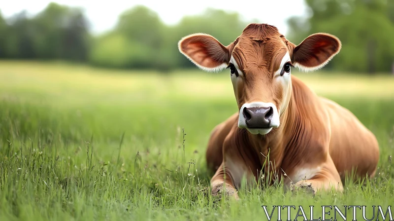 Peaceful Cow Portrait in Meadow AI Image