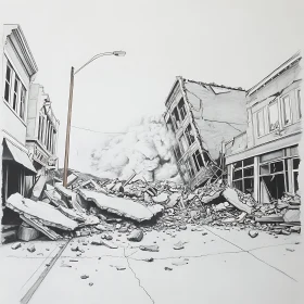 City Street in Ruins Monochrome Drawing