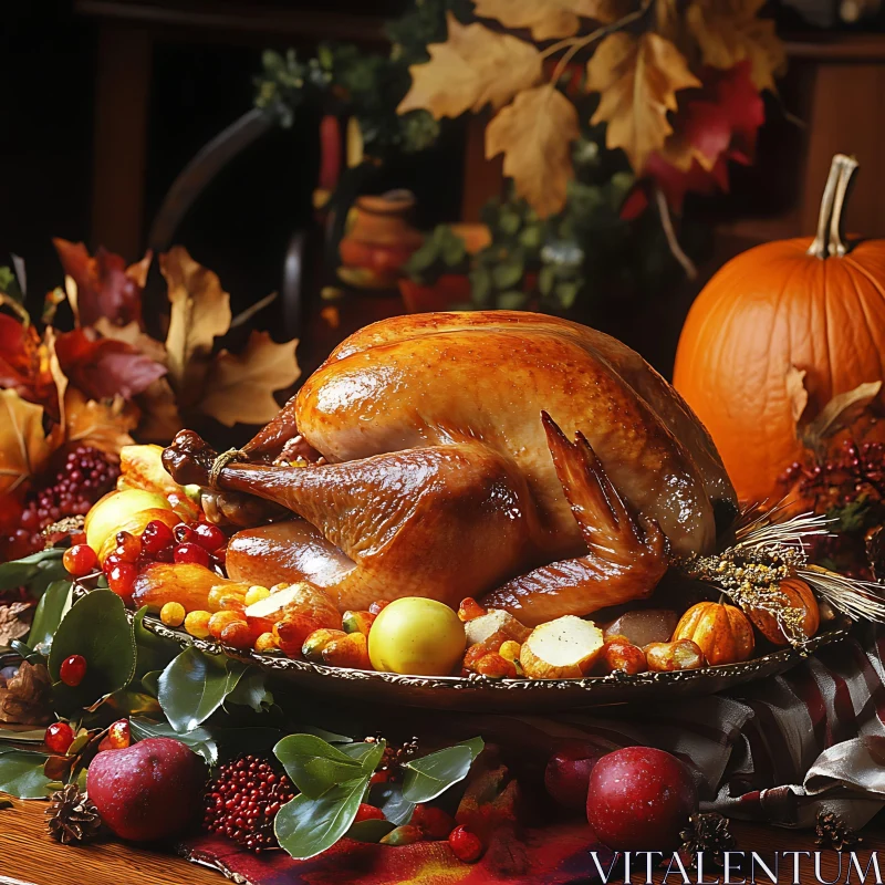 Golden Roasted Turkey with Autumnal Garnishes AI Image