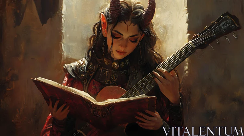 AI ART Horned Woman with Guitar and Book