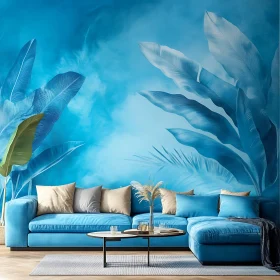 Blue Sofa with Leaf Design Backdrop