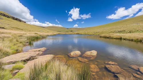 Peaceful Lake Landscape with Hills and Blue Sky