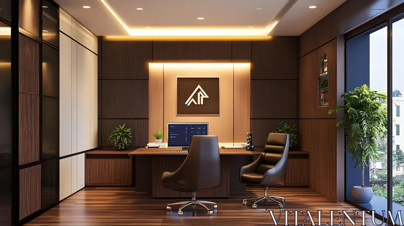 Contemporary Office Space with Wood Accents AI Image