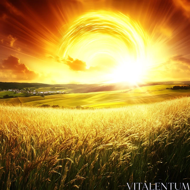 Radiant Sunrise over Wheat Field AI Image