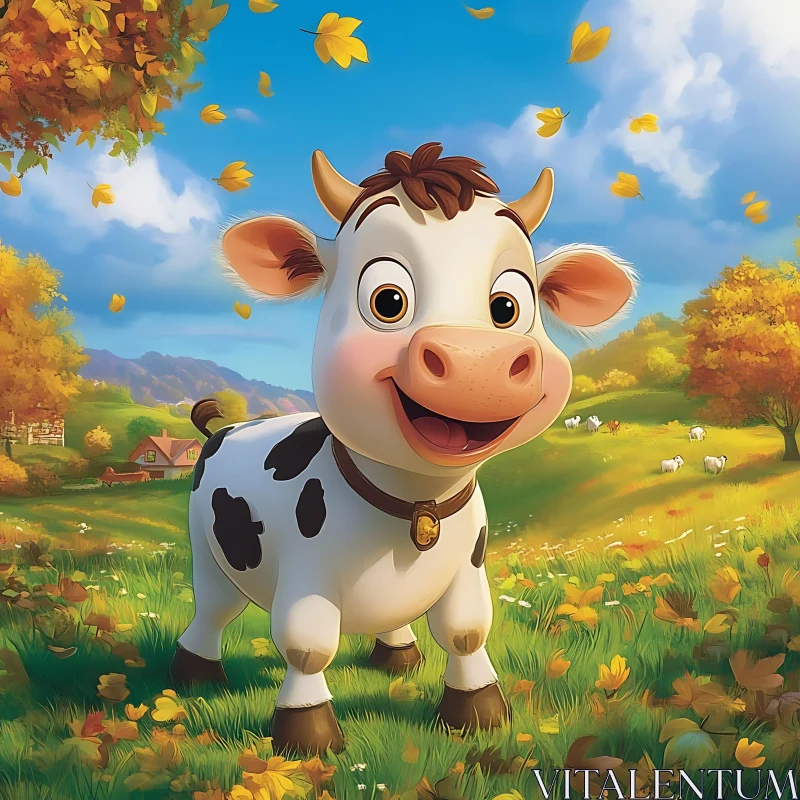 AI ART Cartoon Cow in Autumn Scenery