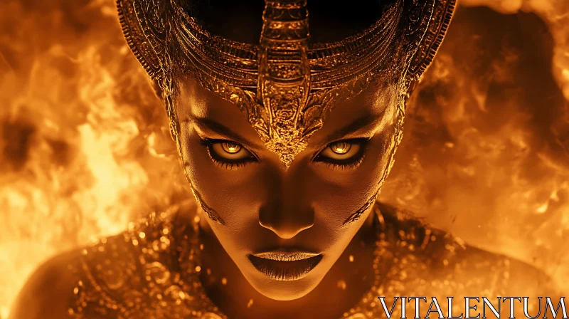 Fiery Woman Portrait with Golden Crown AI Image