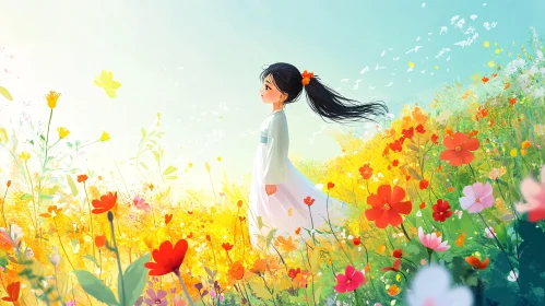 Dreamy Flower Field Scene with Girl