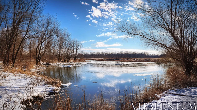 AI ART Peaceful Winter Scene with Snow and River