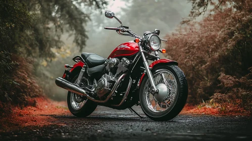 Classic Red Motorcycle in Misty Woods