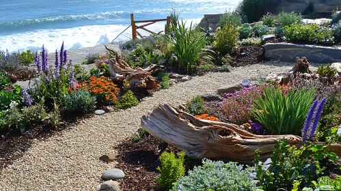 Seaside Garden with Flowers and Driftwood