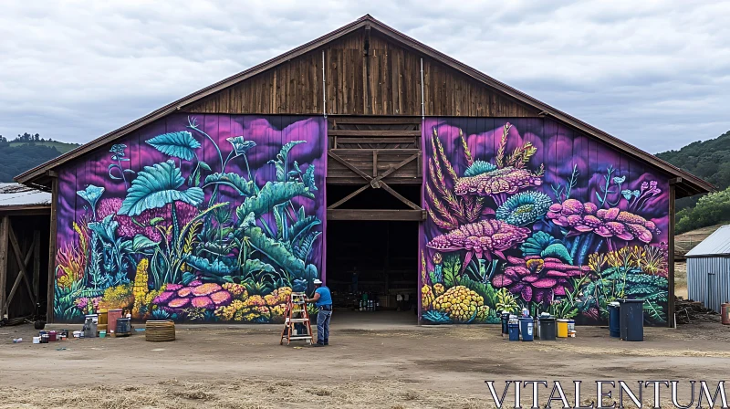 Vibrant Plant and Flower Mural on a Rustic Barn AI Image