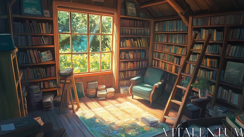 AI ART Sunlit Reading Room with Bookshelves