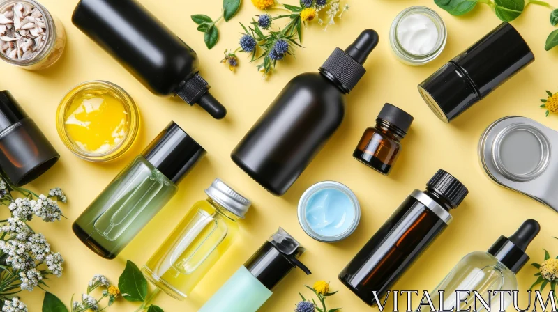 Beauty Products Arrangement on Yellow Background with Flowers and Greenery AI Image