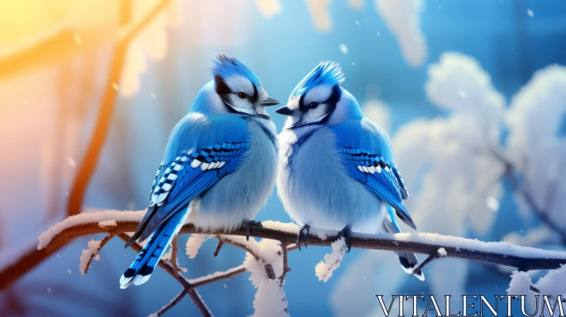 Blue Birds on Snowy Branch: A Romantic Illustration AI Image