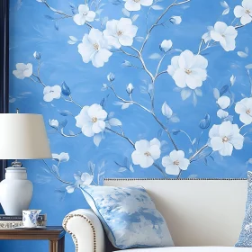 White Floral Pattern on Blue Background