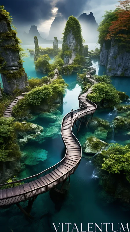 Captivating Chinese Forest Bridge: A Delicate Harmony of Turquoise and Cyan AI Image