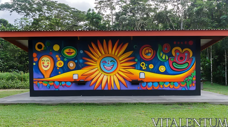 Colorful Outdoor Mural with Sun and Abstract Art AI Image