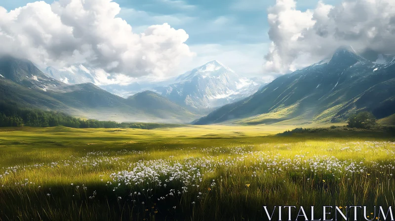 AI ART Green Field and Mountain Landscape