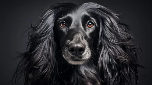 Detailed Portraiture of a Black Dog with Long Brown Mane