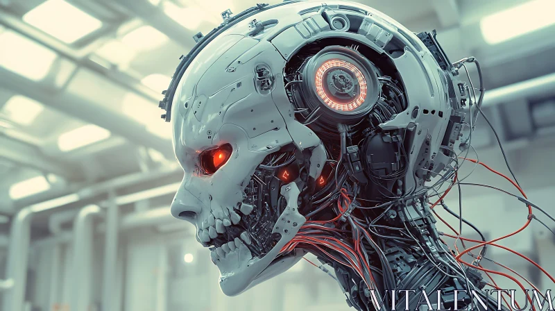 Advanced Cyborg with Glowing Red Eyes in Industrial Environment AI Image