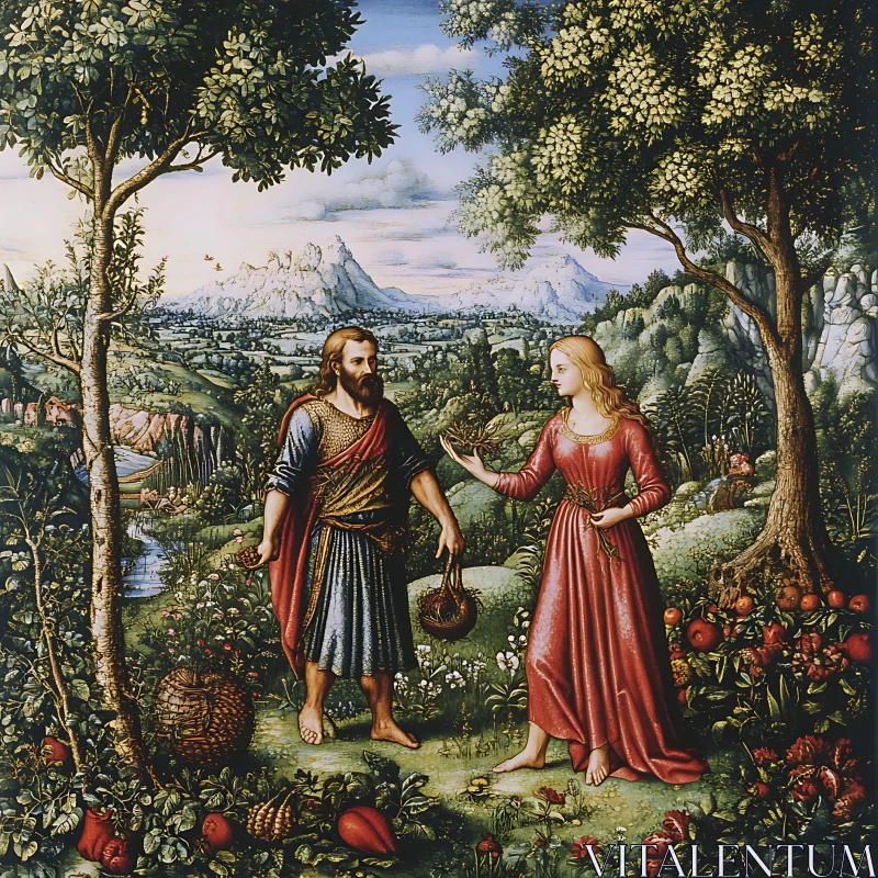 Biblical Garden Scene with Adam and Eve AI Image