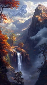 Mountain Majesty: Autumn Scene with Waterfall