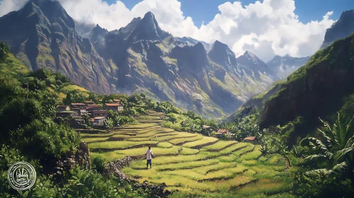 Lush Green Rice Fields with Mountain View