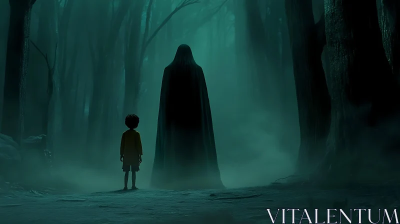 AI ART Child Confronts Mysterious Figure in Dark Woods