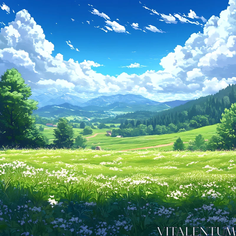 AI ART Green Field and Mountain Scenery