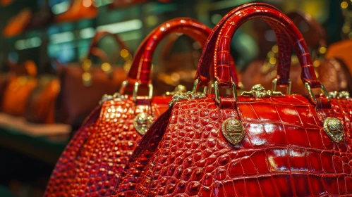 Luxury Red Crocodile Leather Handbag with Gold Metal Frame