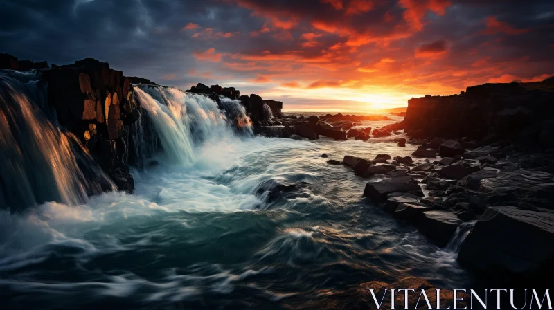 Mysterious Sunset over Waterfall: A Stormy Seascape AI Image