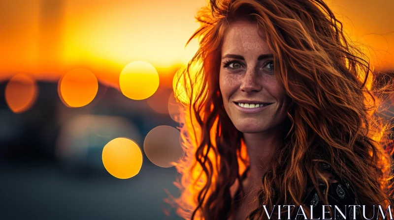 AI ART Young Red-Haired Woman Smiling Outdoors | City Lights Background