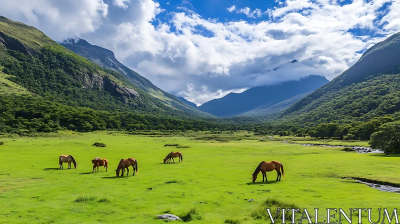 AI ART Horses in Green Field with Mountains