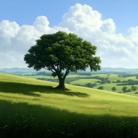 Solitary Tree in Rolling Green Fields