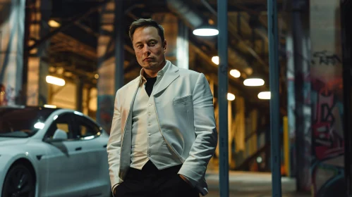 Elon Musk Posing in White Suit in Industrial Area