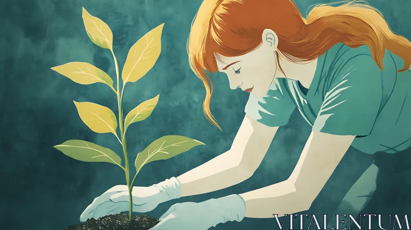 Woman Planting Seedling AI Image