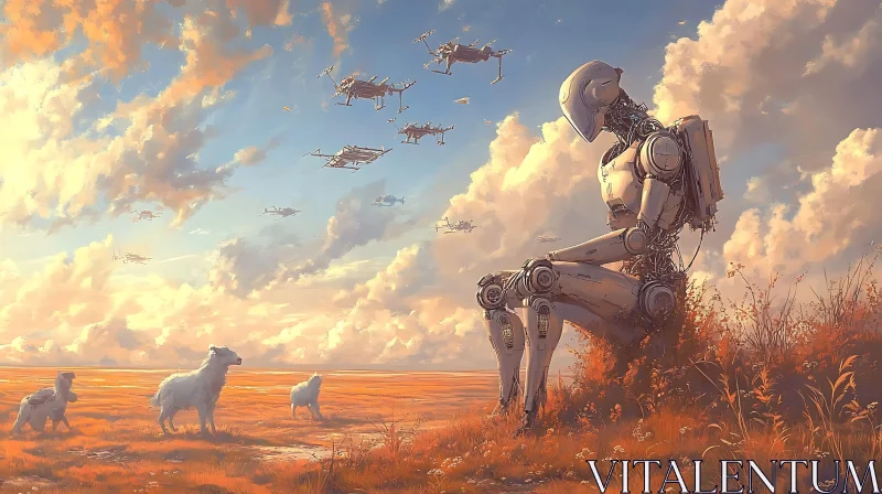 AI ART Android's Pastoral Vista with Aerial Sentinels