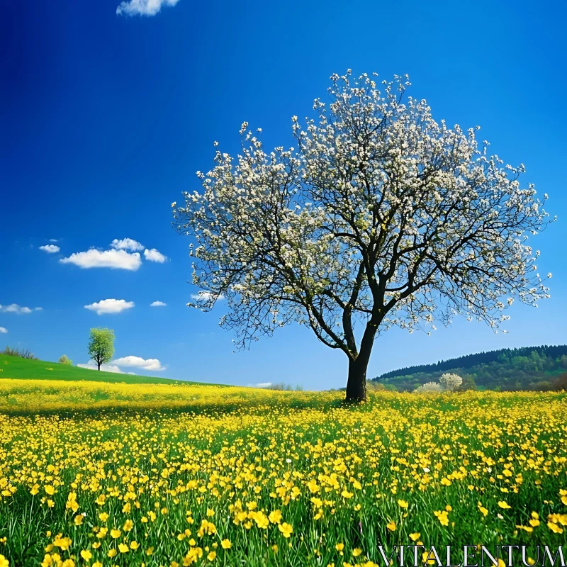 AI ART Spring Meadow with Flowering Tree