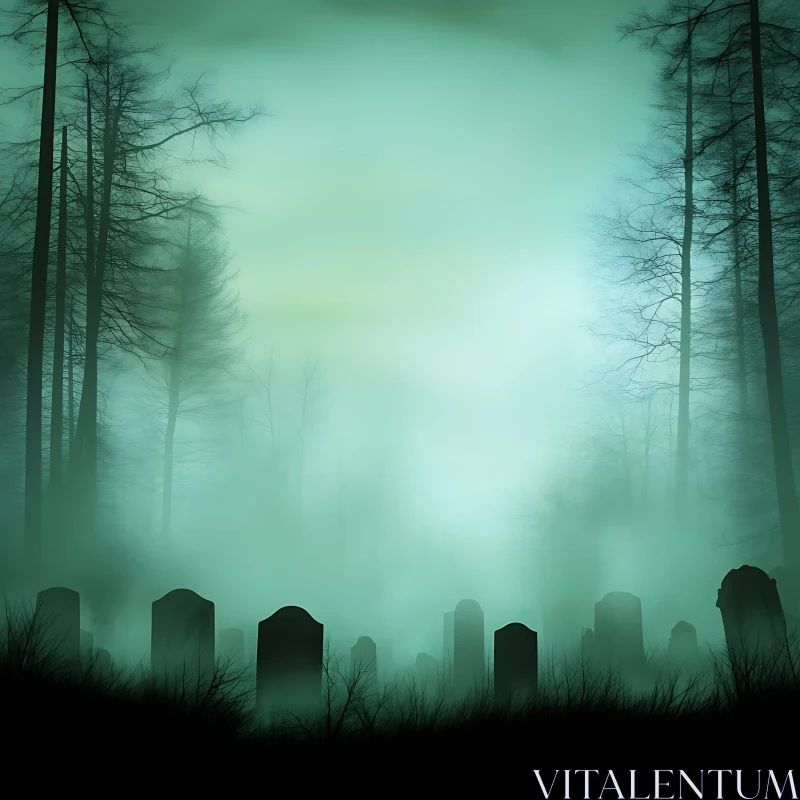 AI ART Foggy Graveyard Scene with Tombstones