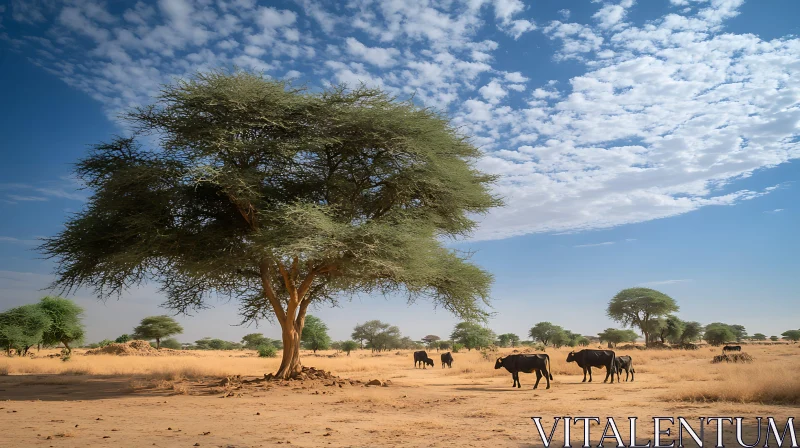 Cattle Grazing in a Serene Savanna AI Image