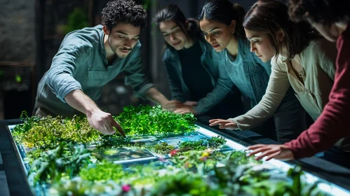 People Examining Plants on an Illuminated Table