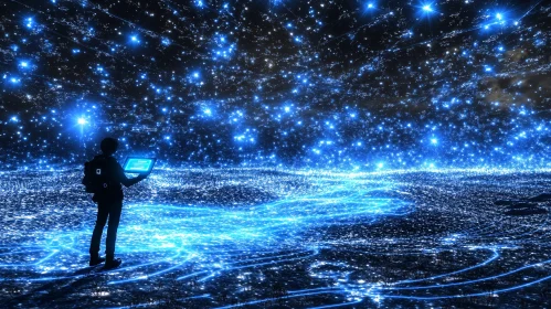 Blue Digital Starscape with Person