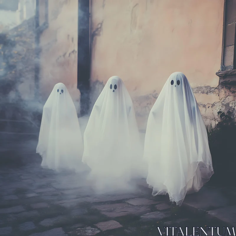 Three Ghosts on a Foggy Street AI Image